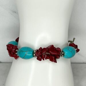 Chunky Faux Turquoise Red Chip Beaded Toggle Bracelet